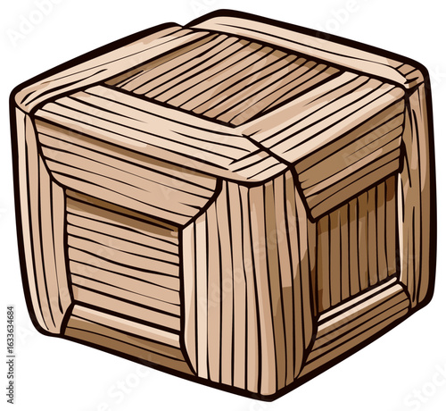 Simple wooden crate with a rustic appearance, illustration, isolated on white