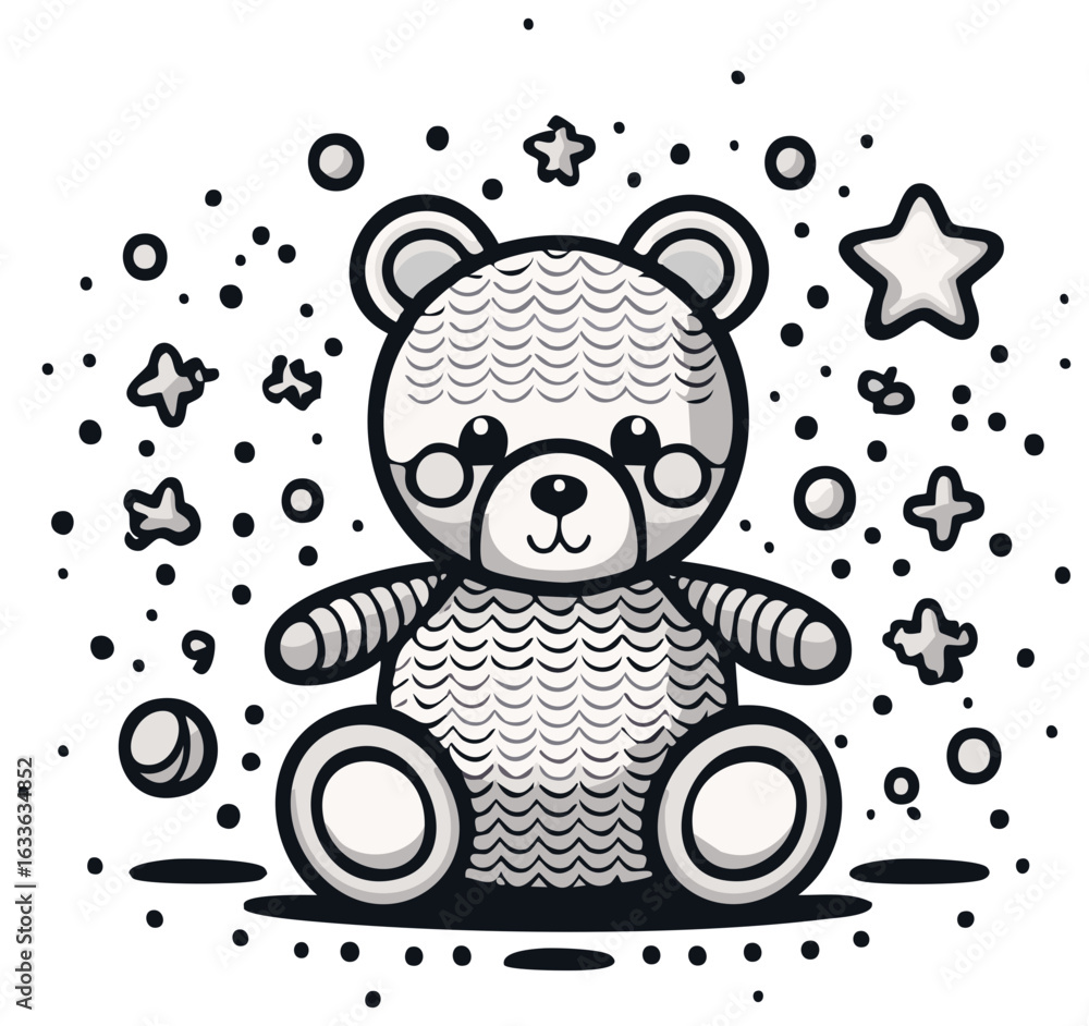 Obraz premium Cute Teddy Bear Outline with Stars and Dots Cartoon Vector Illustration
