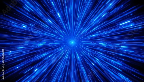 Abstract blue light streaks radiating from a central point on a dark background creating depth