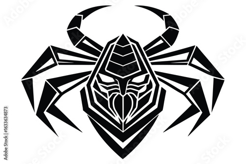 Geometric black arachnid with segmented legs and large pincer arms stands out