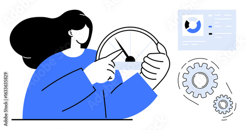 Woman interacting with speedometer while monitoring progress gears and chart symbolize performance, analysis, development, optimization, productivity, technological innovation, and growth. A simple