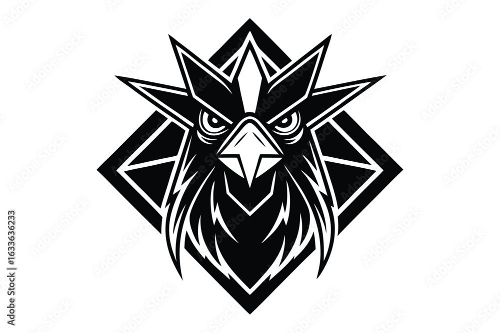 Obraz premium Fierce bird mascot with spiky plumage faces forward in a stylized diamond shape