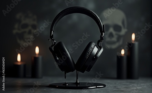 floating black headphones, gothic ambiance