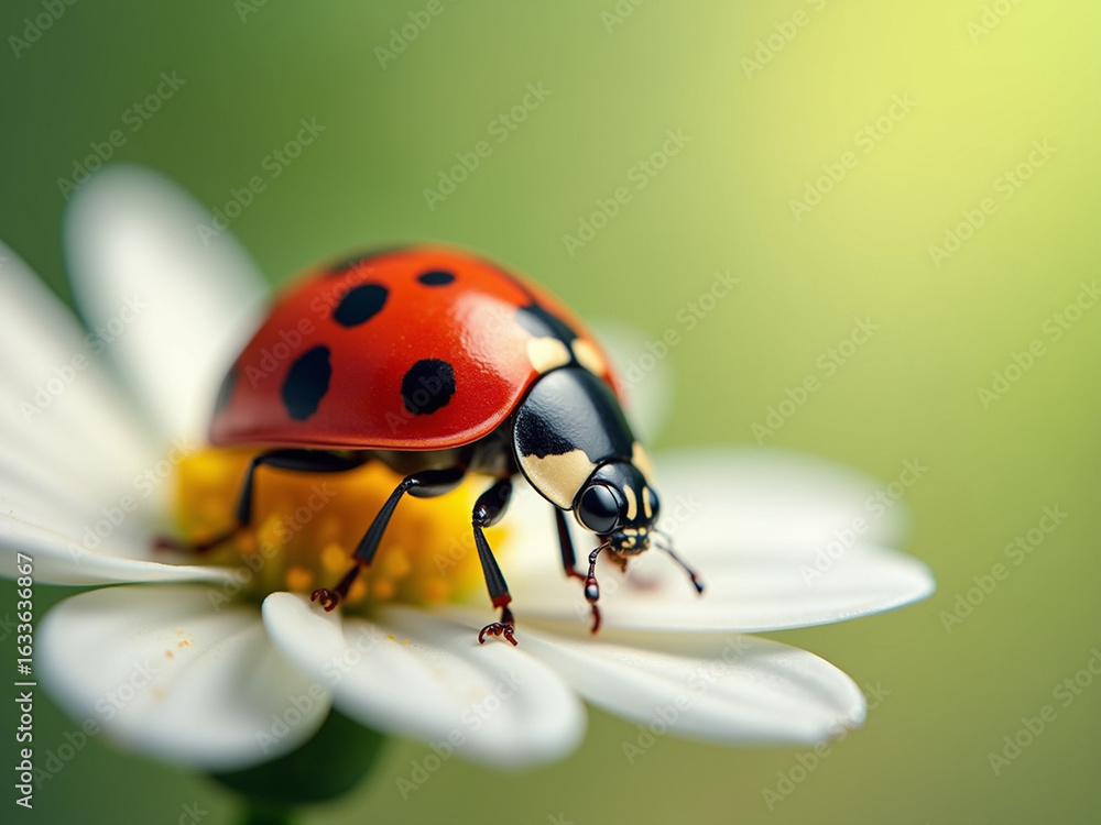 Naklejka premium Macro Closeup of a Red Ladybug on a White Daisy Flower