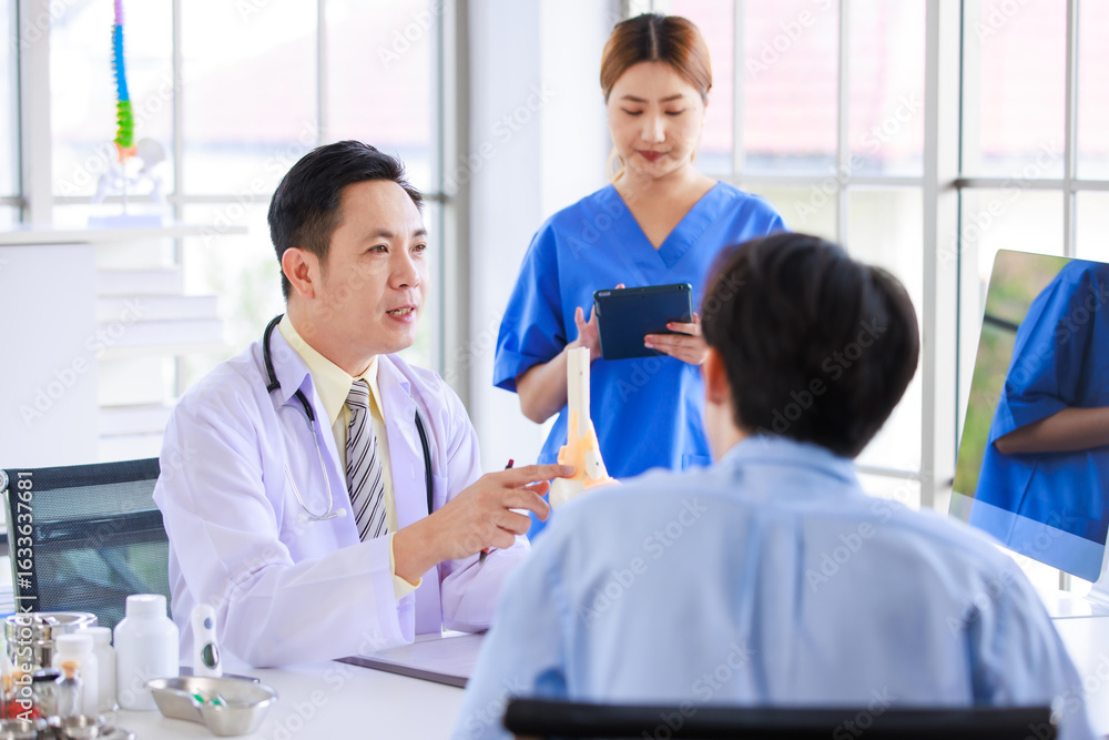 Fototapeta premium Asian male doctor consulting explain medications to senior female patient assisted by caregiver and nurse professional support trust healthcare checkup, insurance treatment wellness in hospital clinic