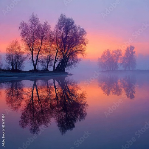 Peaceful sunrise over a still river, frosty trees reflected