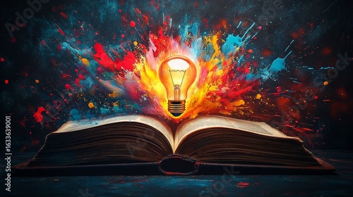 An open book with a glowing light bulb floating, symbolizing knowledge and creativity