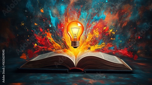 An open book with a glowing light bulb floating, symbolizing knowledge and creativity