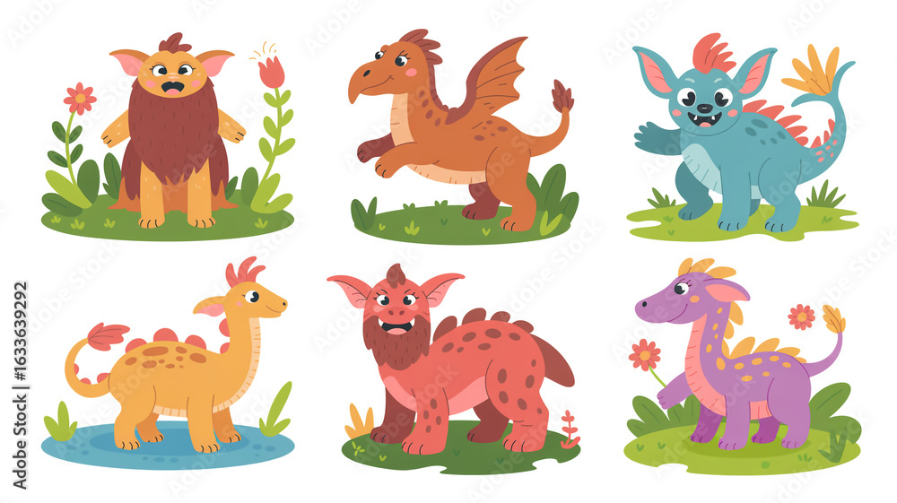 Obraz premium Set of cute cartoon monsters isolated on white background, fantasy creatures, funny animals, fairy tale characters, dragon and other mythical beasts