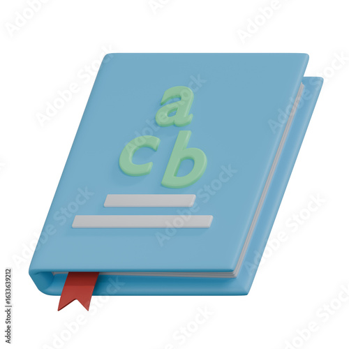 A light blue book with abc and a red bookmark out