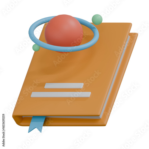 Orange book with red sphere and blue ring concept