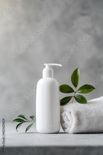 Minimalist Spa Still Life: White Bottle, Towel, and Green Leaves on Gray Background