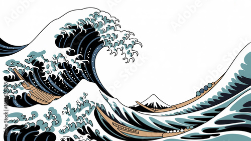The great wave off kanagawa isolated on white background, a vintage japanese woodblock print depicting a powerful ocean wave