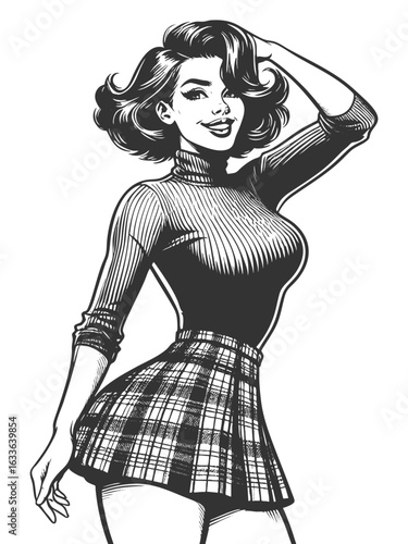pin-up girl wearing a plaid skirt and tight turtleneck, smiling and posing playfully sketch engraving generative ai fictional character vector illustration. Scratch board imitation. Black and white.