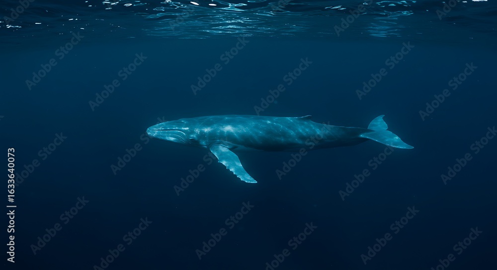 Fototapeta premium A magnificent ocean giant, a gray whale, glides silently through the deep and clear blue water of the sea.
