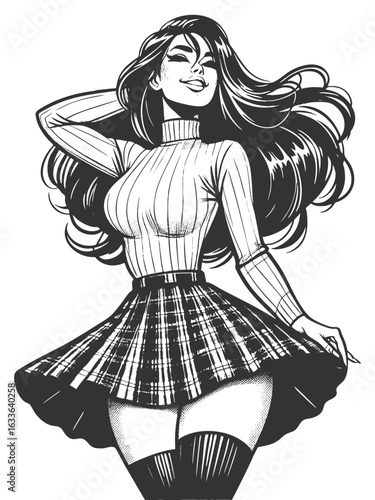 pin-up girl wearing a plaid skirt and tight turtleneck, smiling and posing playfully sketch engraving generative ai fictional character vector illustration. Scratch board imitation. Black and white.