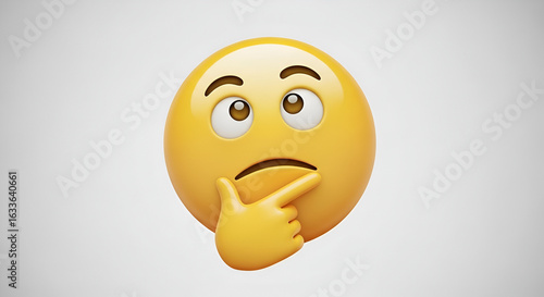 Thinking emoji with hand on chin, thoughtful yellow face emoticon looking up, 3d render of pondering and questioning expression on white background