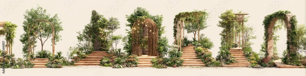 Obraz premium Garden arches & trees, tiered walkways