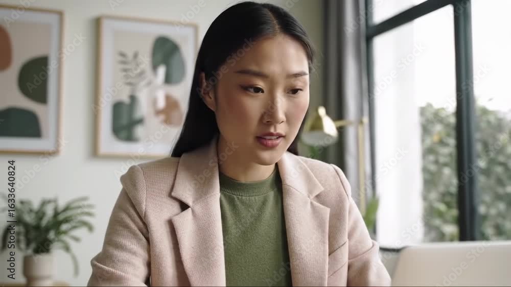 Focused woman working indoors modern workspace attentive professional business image Focused woman working indoors modern workspace attentive professional business image