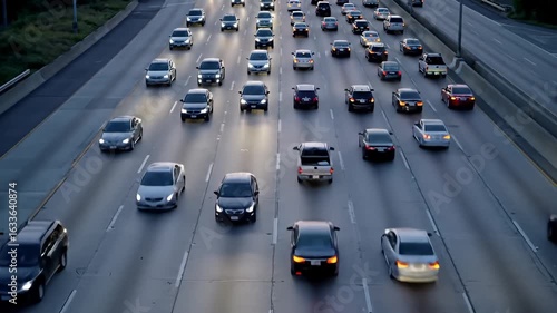 Overhead shot of a congested highway with many cars driving towards the viewer