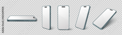 Modern phone mockup set with different angle views and teal blue frames on transparent background. Mobile device templates for app presentation or UI design showcase. Clean smartphone screens.