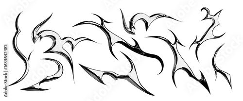 Tribal y2k metal tattoo designs with sharp gothic elements for body art and decorative graphics. Abstract black flame patterns with edgy aesthetic style. Modern metalcore vector illustrations.