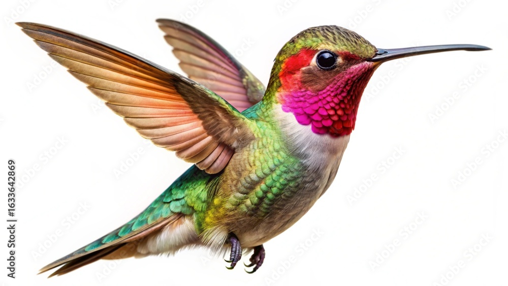 Obraz premium A colorful ruby-throated hummingbird in flight with outstretched wings is isolated on a clean white background