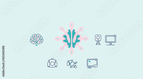 Collection of simple line art icons representing futuristic technology and concepts.