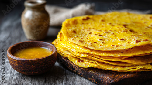 Close-up of stacked Puran Poli with golden brown texture, served with bowl of ghee and jaggery