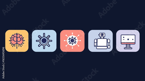 Collection of simple line art icons representing futuristic technology and concepts.