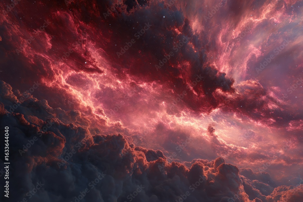 Naklejka premium Red nebula clouds swirl across deep space creating a stunning cosmic display in the vast expanse of the universe