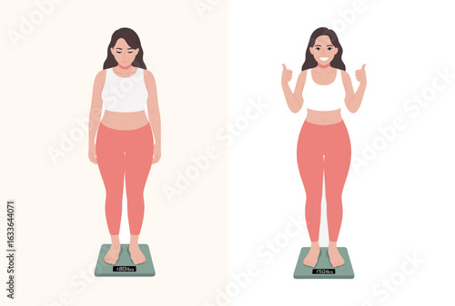 Woman before and after weight loss standing on scales comparison