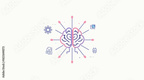 A stylized brain illustration interconnected with various symbols representing ideas, knowledge, and connections.
