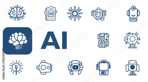 Collection of stylized icons representing artificial intelligence concepts and robotic designs, with the letters "AI".