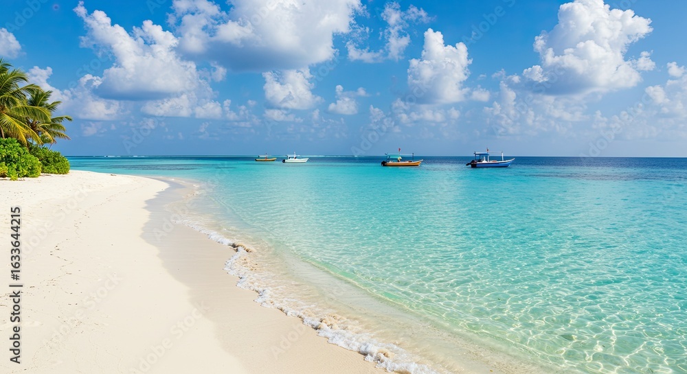 Fototapeta premium Tropical Beach with Azure Water and Palm Trees on Sunny Day