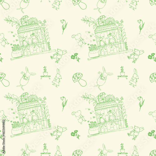 pattern con graziosi coniglietti verdi su sfondo giallo chiaro, illustrazione vettoriale per l'infanzia