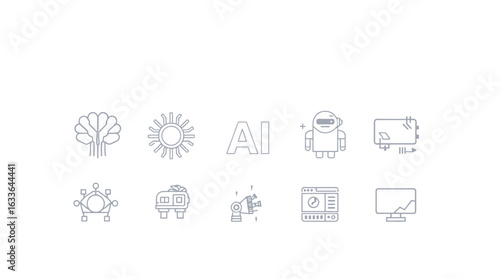 A collection of simple line art icons representing various aspects of artificial intelligence and technology.