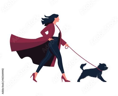 Woman in stylish coat walking a small black dog on a leash vector illustration