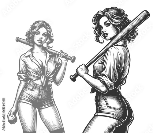pin-up girl with tied shirt and bat over shoulders sketch engraving generative ai fictional character vector illustration. Scratch board imitation. Black and white image.
