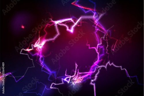 Electric circle with bolt light effects - glowing ring on dark background. Neon energy lightning strikes in circular pattern with vibrant purple and pink plasma. Power burst for futuristic design.