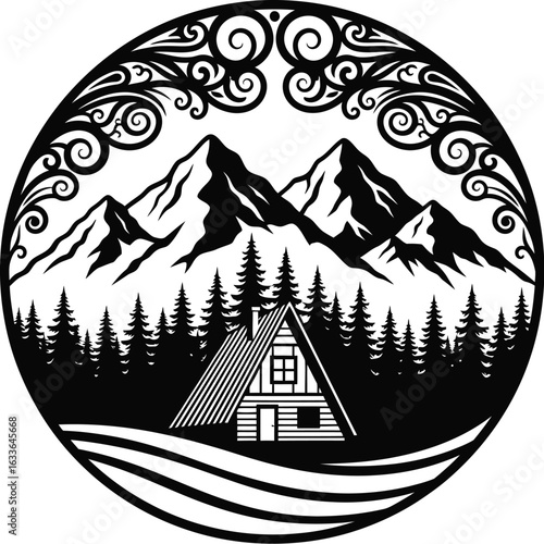 Black and white mountain scene with cabin and decorative floral border