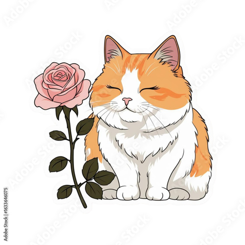 Cute Persian-Scottish Fold Cat Smelling a Rose