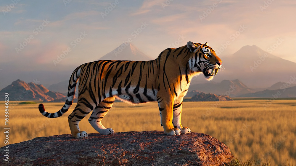 Fototapeta premium Prehistoric savanna landscape at twilight with a tiger predator walking through dry grass. Dramatic scene for nature, evolution, and fantasy concepts.