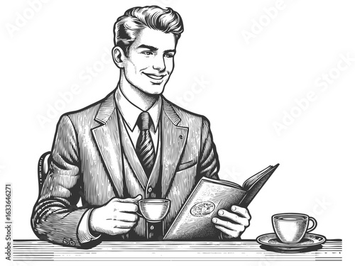 well-dressed businessman man in a suit, enjoying coffee while reading at a table sketch engraving generative ai fictional character vector illustration. Scratch board imitation. Black and white image.