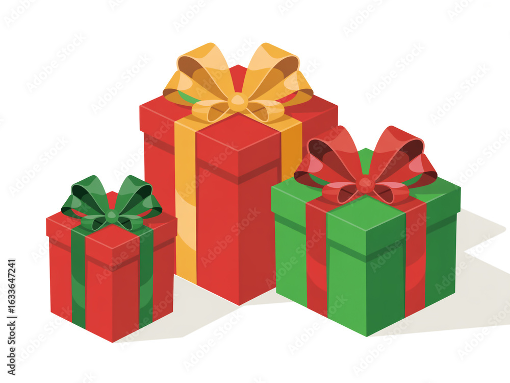 Obraz premium Three colorful gift boxes with ribbons and bows, perfect for any celebration, isolated on white background, vector illustration