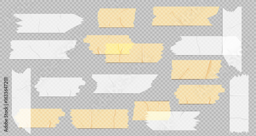 Transparent tape strips with paper textures with overlay effect for office and design projects. White adhesive pieces and yellow masking elements in various sizes. Stationery mockup collection.