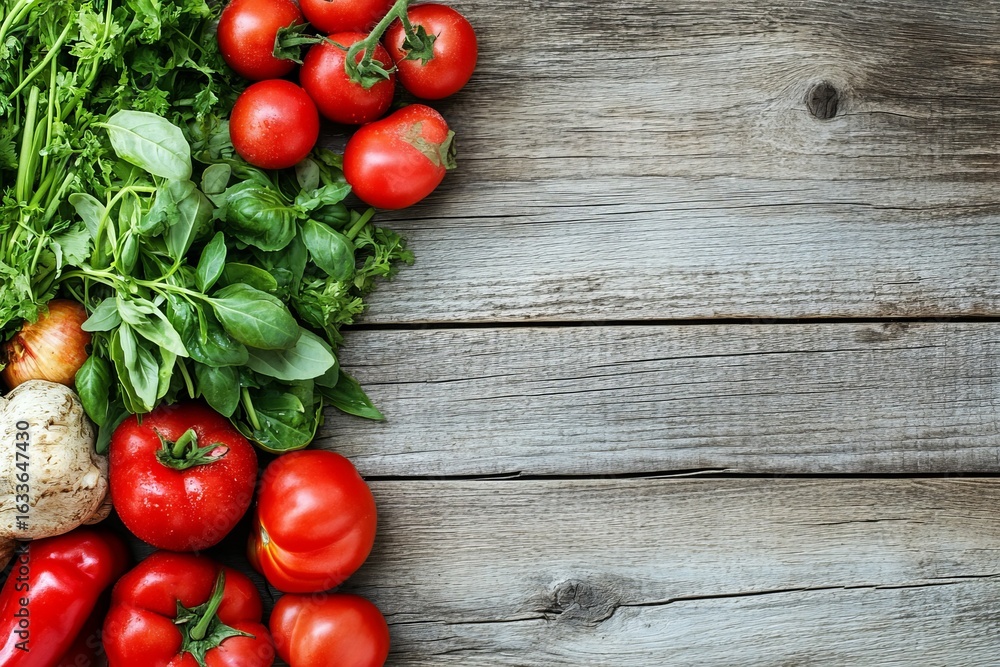 Fresh vegetables and herbs on weathered wood Fresh vegetables and herbs on weathered wood