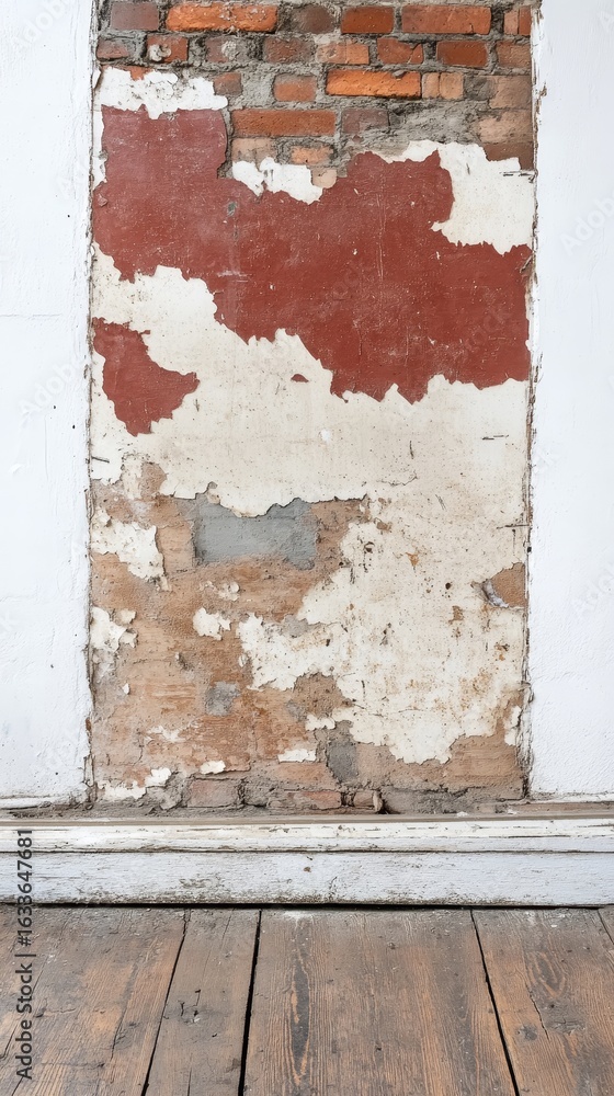 Naklejka premium Aged brick wall with peeling paint and rustic wooden floor, a captivating distressed background texture for vintage architectural designs and urban decay aesthetics.