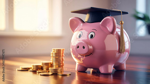 Clever piggy bank wearing graduation cap saves money for college tuition and student success