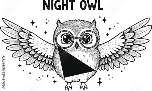 Cartoon night owl with glasses, wings spread wide, funny nocturnal bird illustration, cute animal drawing, starry sky background, energetic night creature, whimsical owl design.

Art & Illustration
